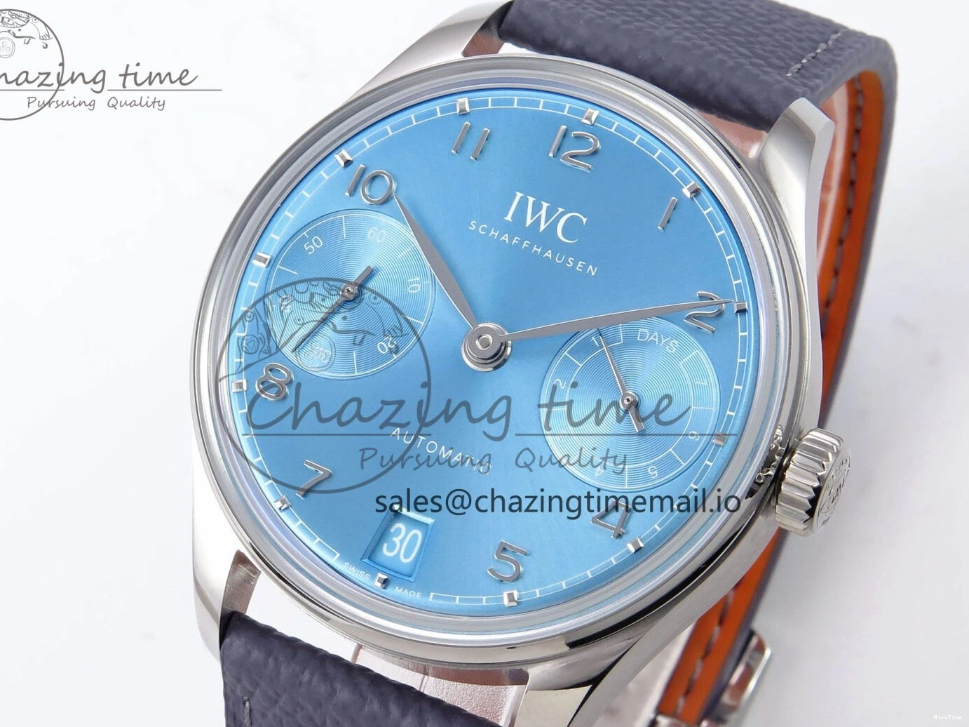 MIROTIME 0502 Lightweight Portugieser Automatic SS IW501708 APSF 1:1 Best Edition Light Blue Dial on Gray Leather Strap A 7012